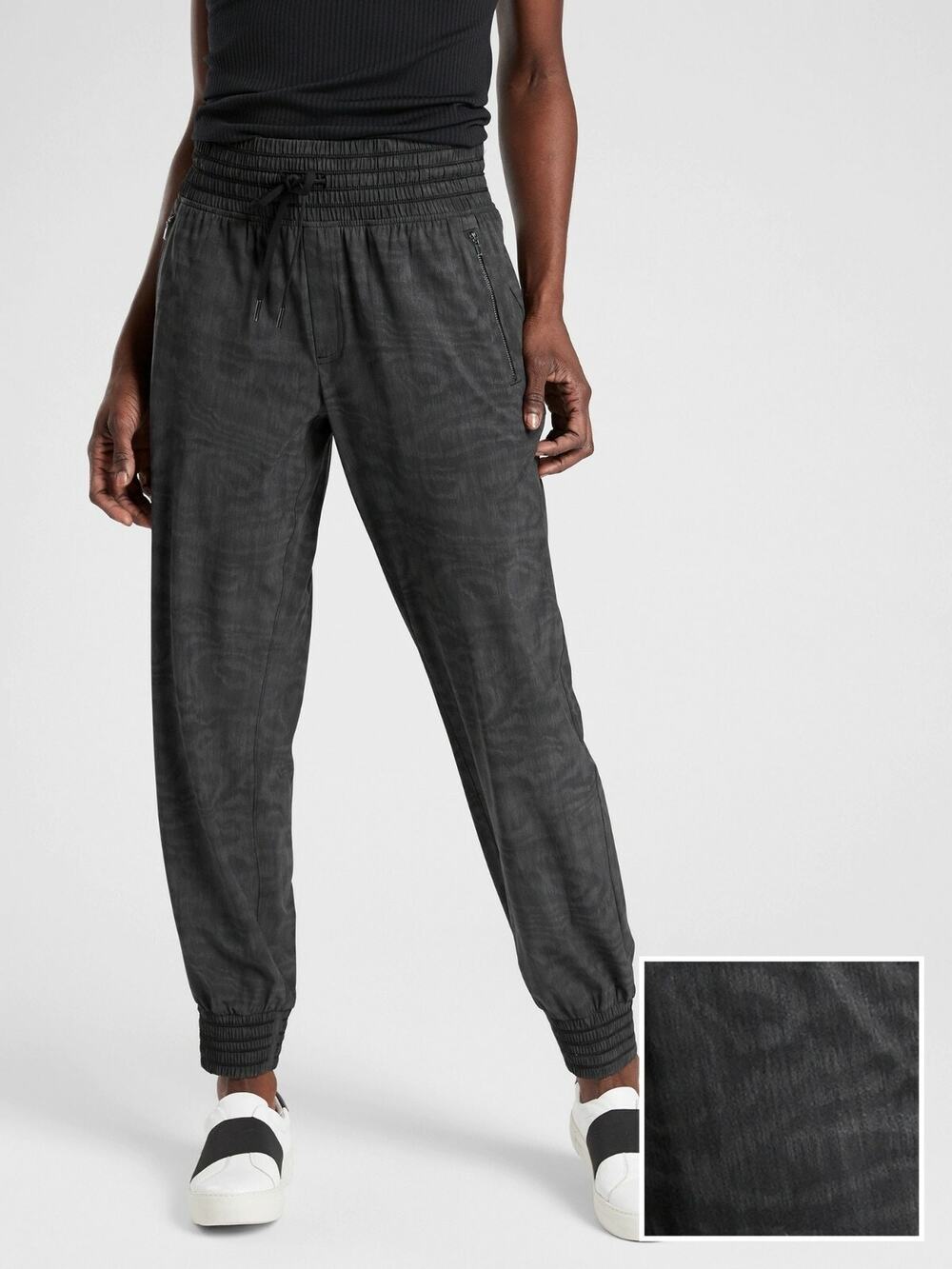 Athleta Camden Printed Jogger Black Moire Elastic Waist Zip Pockets 6